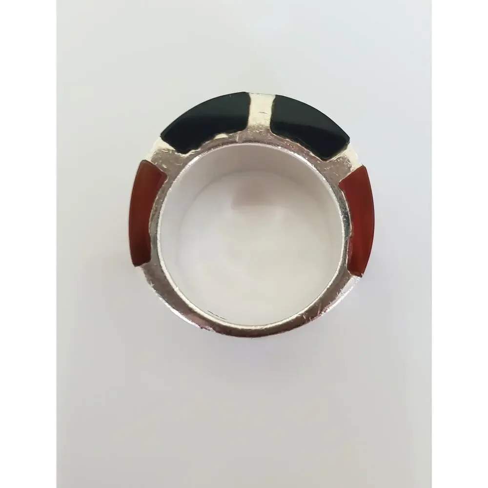 Vintage Onyx Carnelian and Marcasite Sterling Silver Wide Ring Band